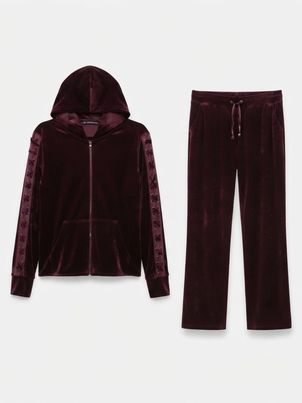 Material Girl (Y2K) Velvet Lace-Trim Track Suit Set - Burgundy